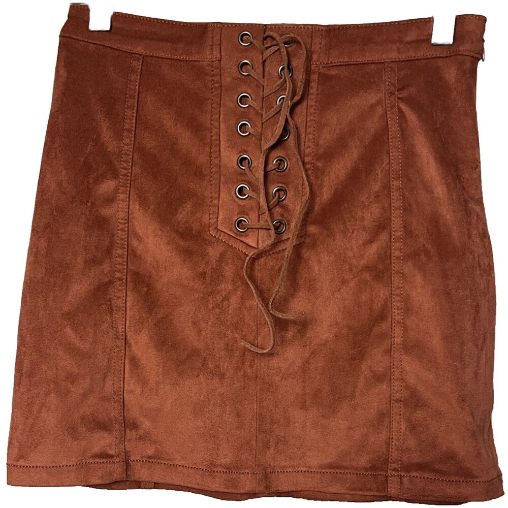 Forever 21 Skirt Mini Faux Suede Lace Up Tie Front Short‎ Brown Cowgirl 24 XS